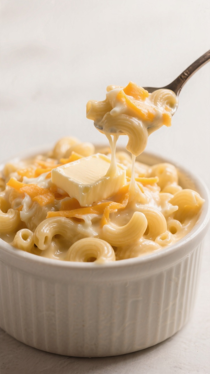 Straight-on close-up of ultra-creamy mac and cheese in a crock, showcasing silky sauce clinging to elbow macaroni: visible melt from cream cheese, freshly shredded mild cheddar, and mozzarella, with a glossy whole-milk/evaporated-milk sheen; a small pat of unsalted butter melting on top, gentle cheese pull from a spoon, clean neutral backdrop for a kid-friendly, indulgent vibe.