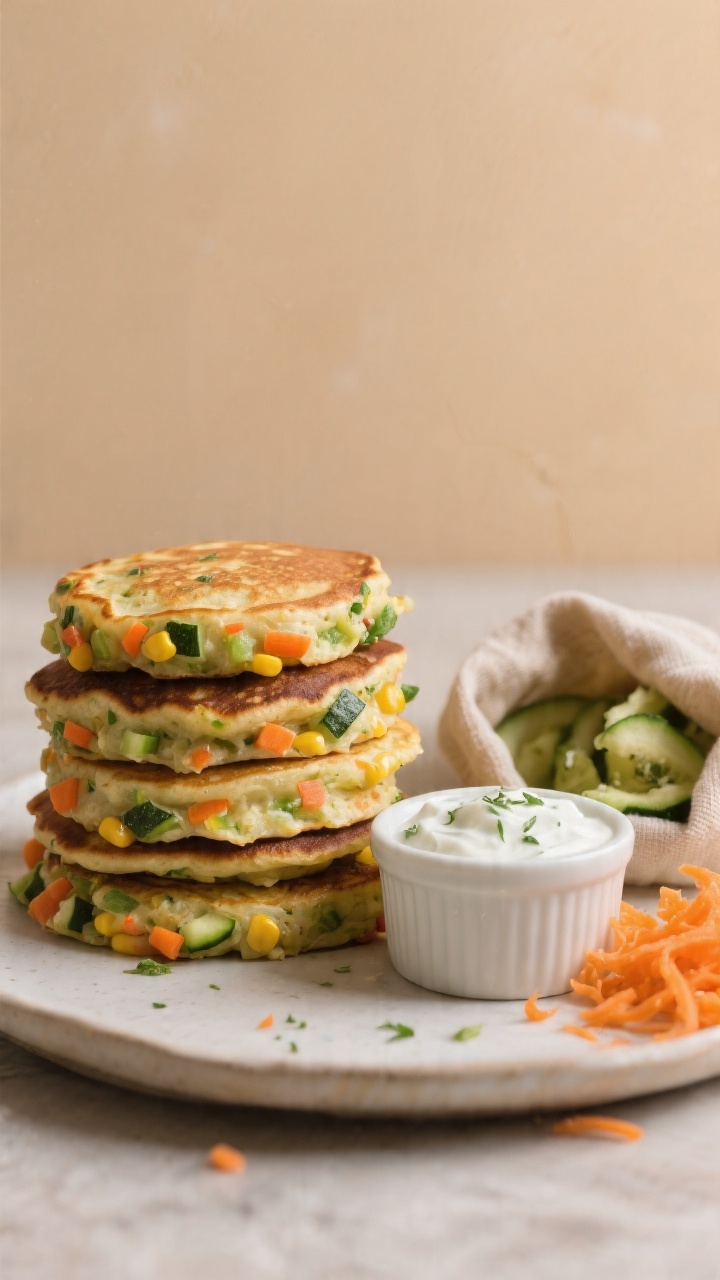 Straight-on close-up of Veggie Confetti Savory Pancakes arranged in a small stack with edges showing colorful bits of grated zucchini, carrot, and corn; served with a ramekin of herbed yogurt dip for dunking; on the side, a small mound of squeezed-dry grated zucchini in a muslin cloth and a pile of grated carrot to highlight prep; warm neutral backdrop, slight gloss on the pancakes to emphasize tender interiors and crisp edges, no sweetness cues.