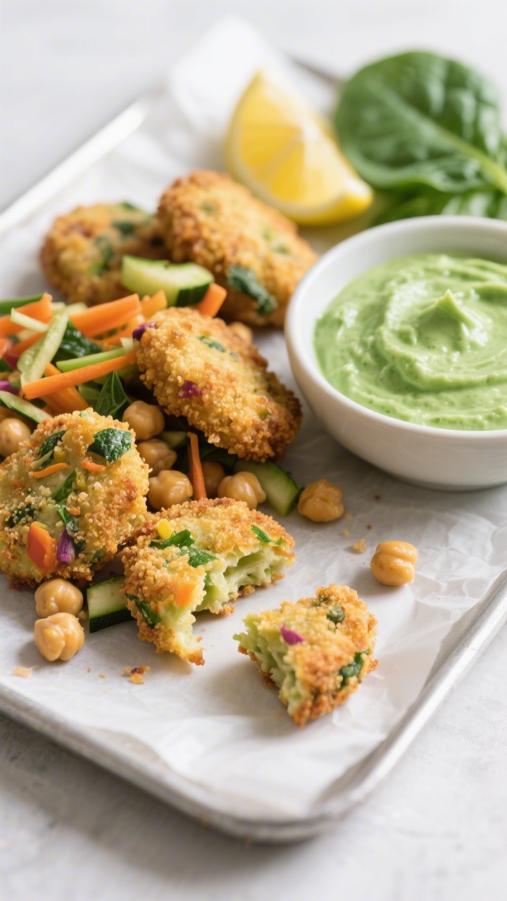 Straight-on, close-up plated presentation of rainbow chickpea nuggets with quick green dip: golden-baked chickpea nuggets flecked with fine carrots, spinach, and zucchini shreds, arranged on a parchment-lined tray. A small bowl of smooth green dip sits to the side, with visible spinach leaves and a wedge of lemon in the background. Breadcrumb texture crisp and defined, chickpea interior slightly visible in one broken nugget. Clean, bright light for crunchy contrast; neutral backdrop to spotlight the multicolored veg.