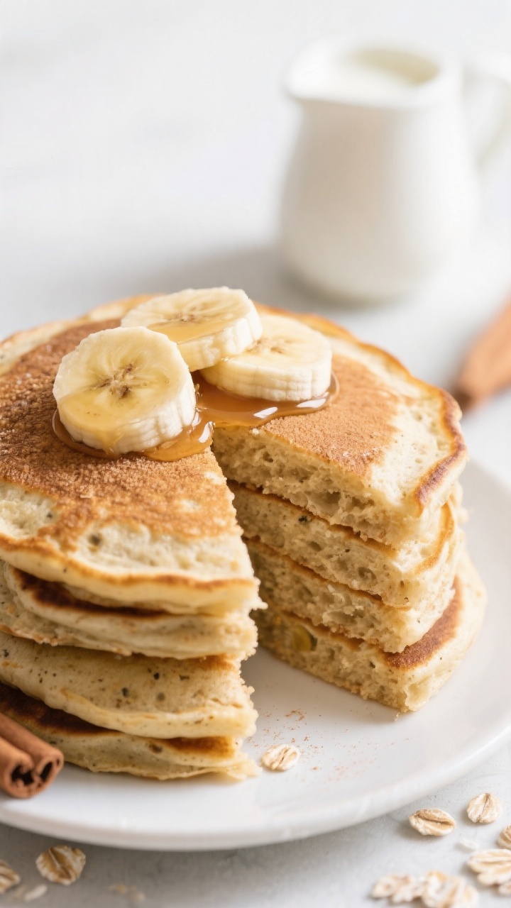 Straight-on close-up stack: Fluffy banana oat pancakes (no flour look, visible oat flecks) stacked on a small white plate, edges golden and slightly craggy, topped with a few banana slices and a light drizzle of maple syrup. A pinch of cinnamon dusting on top, vanilla warmth implied; a small pitcher of milk in the background. Toddler-friendly vibe: cut pancake wedge leaning to reveal moist, tender interior crumb. Soft morning light, clean minimal styling.