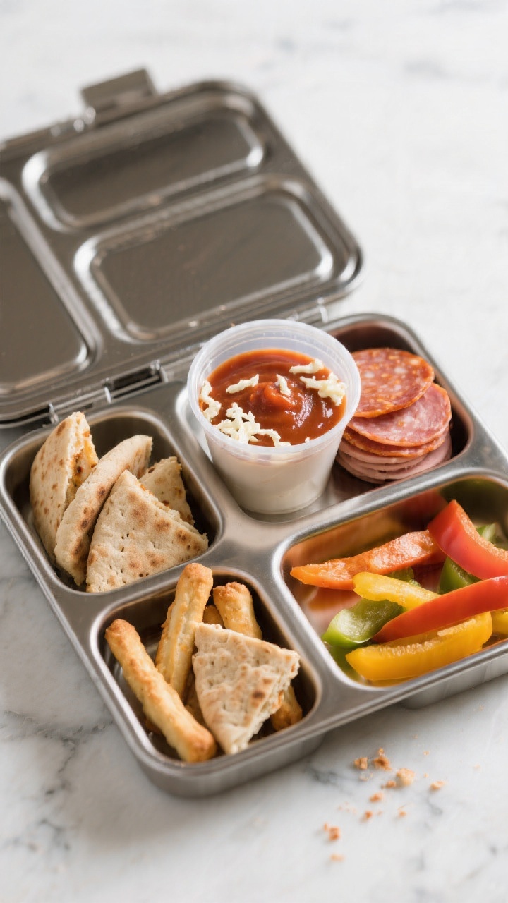 Straight-on, compartmentalized DIY Bento Snack Box with Pizza Dippers: sections filled with mini whole-wheat pitas cut into wedges and breadsticks, a lidded cup of smooth marinara, shredded mozzarella in a separate well, a neat stack of turkey pepperoni slices, and a few mild veggie add-ins like sliced bell peppers for color; glossy, fresh look with minimal crumbs, stainless bento box on a light marble surface, crisp natural light highlighting textures.