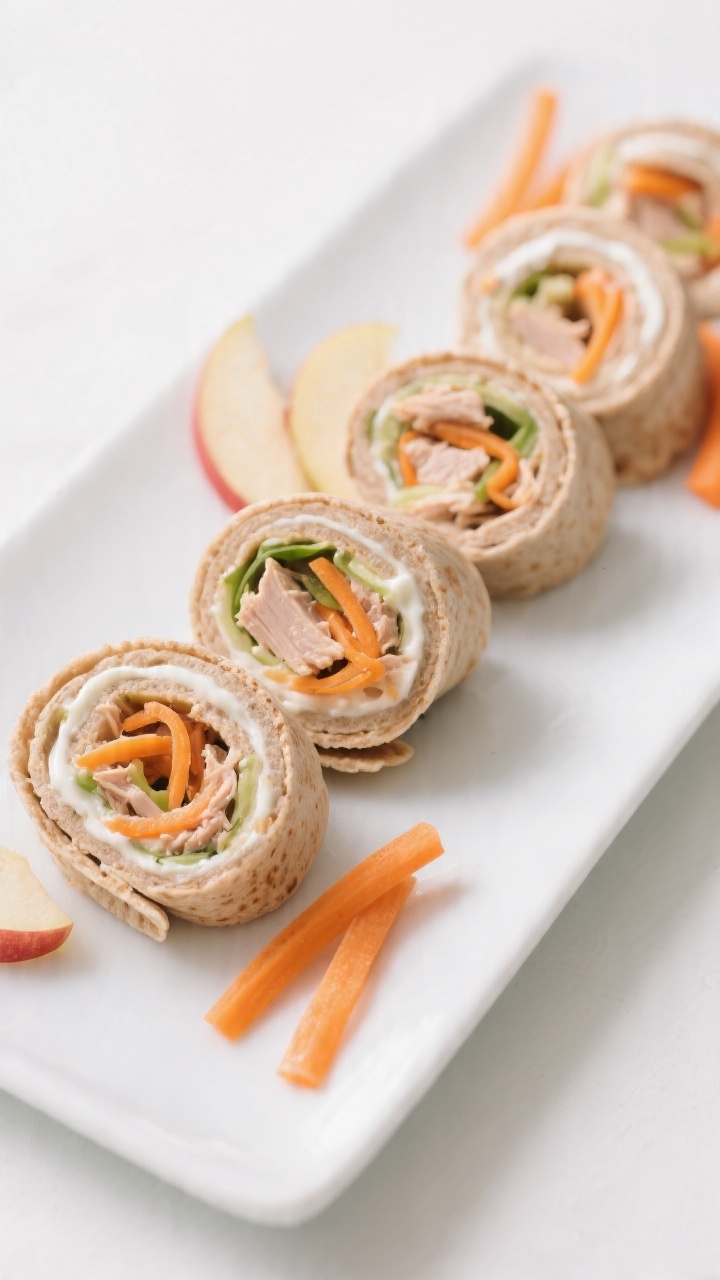 Straight-on composition of tuna-apple salad pinwheels with carrot crunch, neatly sliced to show spirals: whole-wheat tortilla wraps filled with flaked tuna bound with plain Greek yogurt (and a hint of mayonnaise), thin matchsticks of crisp apple and shredded carrot visible, rolled tight and cut into bite-size pinwheels. Arrange on a white rectangular platter with a few apple matchsticks and carrot ribbons scattered, glossy finish on the filling, clean minimalist backdrop, professional catering feel.