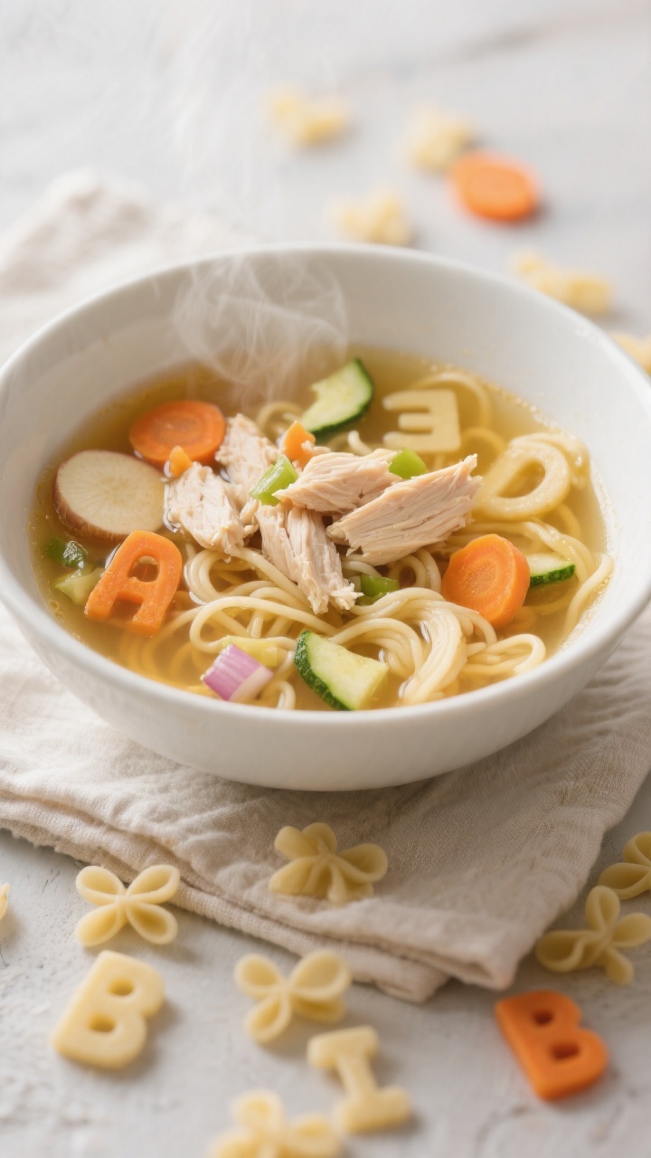 Straight-on cozy bowl shot of alphabet chicken noodle soup with hidden veggie broth: tender shreds of chicken thigh/breast, alphabet pasta letters floating in a clear golden broth enriched with finely cooked-down veggies; visible thin slices of carrot, sweet parsnip coins, small zucchini pieces, and tiny onion bits; served in a kid-friendly white bowl on a linen napkin, with extra alphabet pasta scattered on the table; gentle steam, bright yet comforting tones, ultra-clear, appetizing clarity.