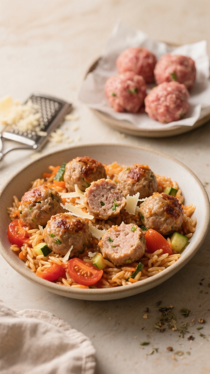 Straight-on cozy scene of mini turkey veggie meatballs with tomato orzo: bite-sized turkey meatballs (flecks of finely grated zucchini and carrot visible) seared to light golden, nestled in a shallow bowl of glossy tomato orzo, finished with grated Parmesan and a whisper of Italian seasoning. A small dish shows raw rolled meatballs on parchment to emphasize prep, with a microplane dusted in cheese nearby. Warm tungsten-balanced lighting for comfort-food mood, inviting textures of ruffled orzo and juicy meatball interiors visible in a cut-open piece, kid-friendly portioning.