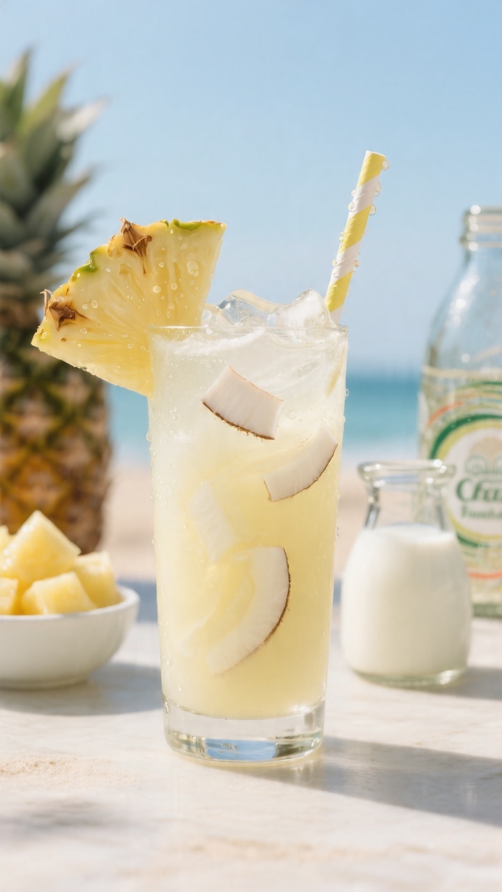Straight-on hero shot of a Tropical Pineapple Coconut Cooler in a chilled highball: pale yellow, lightly opaque drink with coconut milk swirl, clinking ice, and tiny pineapple fibers visible; garnished with a pineapple wedge and a paper straw, beads of condensation glistening; background includes a small bowl of pineapple chunks, a mini carafe of coconut milk, and a bottle of coconut water; breezy beachy vibe, bright natural light, clean backdrop.