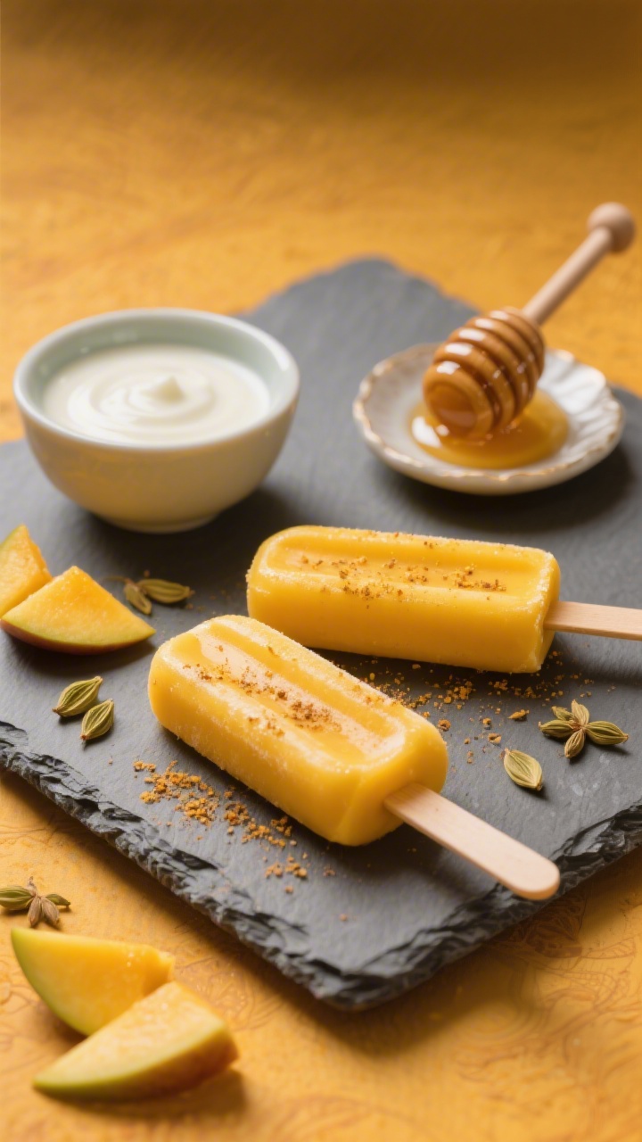 Straight-on hero shot of Creamy Mango Lassi Pops With A Pinch Of Cardamom: rich golden mango popsicles with a velvety texture and faint coconut milk sheen, lightly dusted with a whisper of ground cardamom; sliced fresh mango cheeks and a small bowl of plain whole-milk yogurt nearby, honey dripper resting on a saucer (optional sweetness implied); placed on a cool slate with a warm saffron backdrop, high-contrast highlights for a luxurious, creamy Indian-inspired vibe.