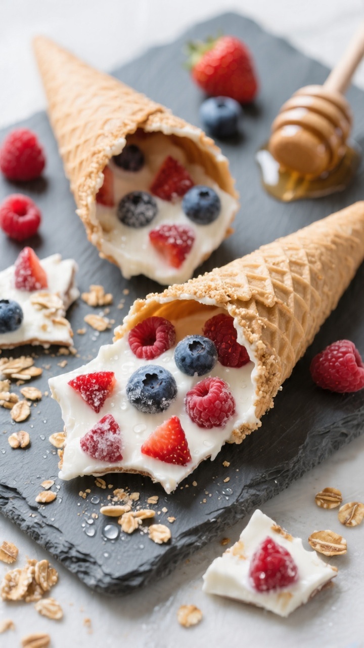 Straight-on hero shot of Fruity Yogurt Bark Cones: shards of frozen Greek yogurt bark (plain Greek yogurt lightly sweetened with honey or maple syrup and vanilla extract) studded with chopped mixed berries (strawberries, blueberries, raspberries) tucked into crisp sugar cones; rims of cones dipped in “crunchy granola dust” and a few granola crumbs sprinkled over the bark; condensation glistening on the bark for frosty freshness; set against a cool slate board with extra berry pieces and a honey dipper in the background; bright, clean lighting to emphasize creamy white yogurt, vibrant berry reds and blues, and crunchy textures.
