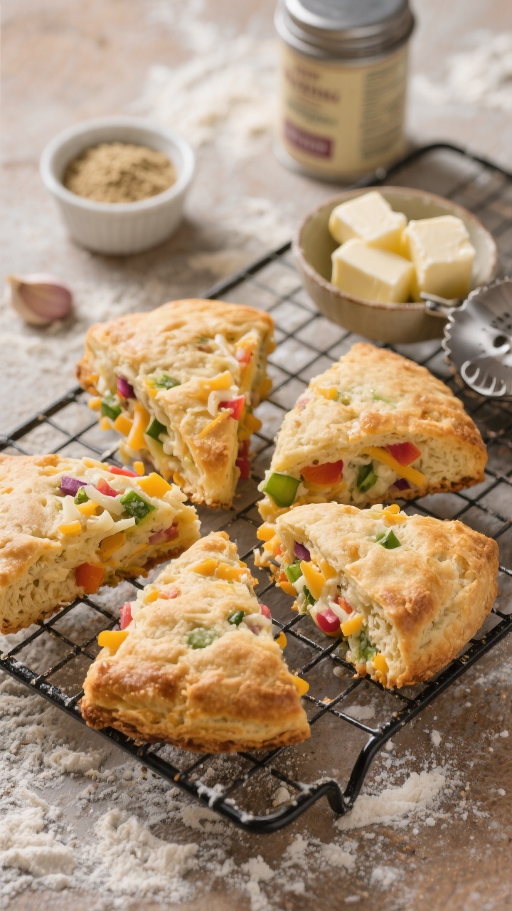 Straight-on hero shot of Rainbow Veggie Cheddar Scones on a wire rack, triangular wedges showing colorful bits of finely shredded mild cheddar and minced mixed veggies peeking through a flaky, golden crust; a bowl with cold butter cubes and a pastry cutter in the background to hint at prep; include a small ramekin of garlic powder and a canister of baking powder; rustic flour-dusted surface, crisp contrast to highlight layers.