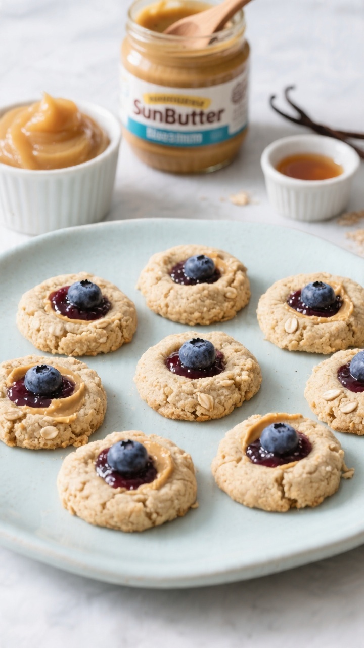 Straight-on hero shot of Sunbutter Blueberry Thumbprints (Top-8 Allergy-Friendly) neatly arranged on a pale ceramic platter: soft oat flour cookies with sunflower seed butter richness, each with a glossy blueberry jam thumbprint center; ingredients styled behind: jar of sunbutter with a wooden spoon, applesauce cup, maple syrup, vanilla extract, and a pinch of baking powder; cool-toned backdrop, gentle side lighting to highlight jam sheen and soft crumb, allergen-friendly, inviting and clean.