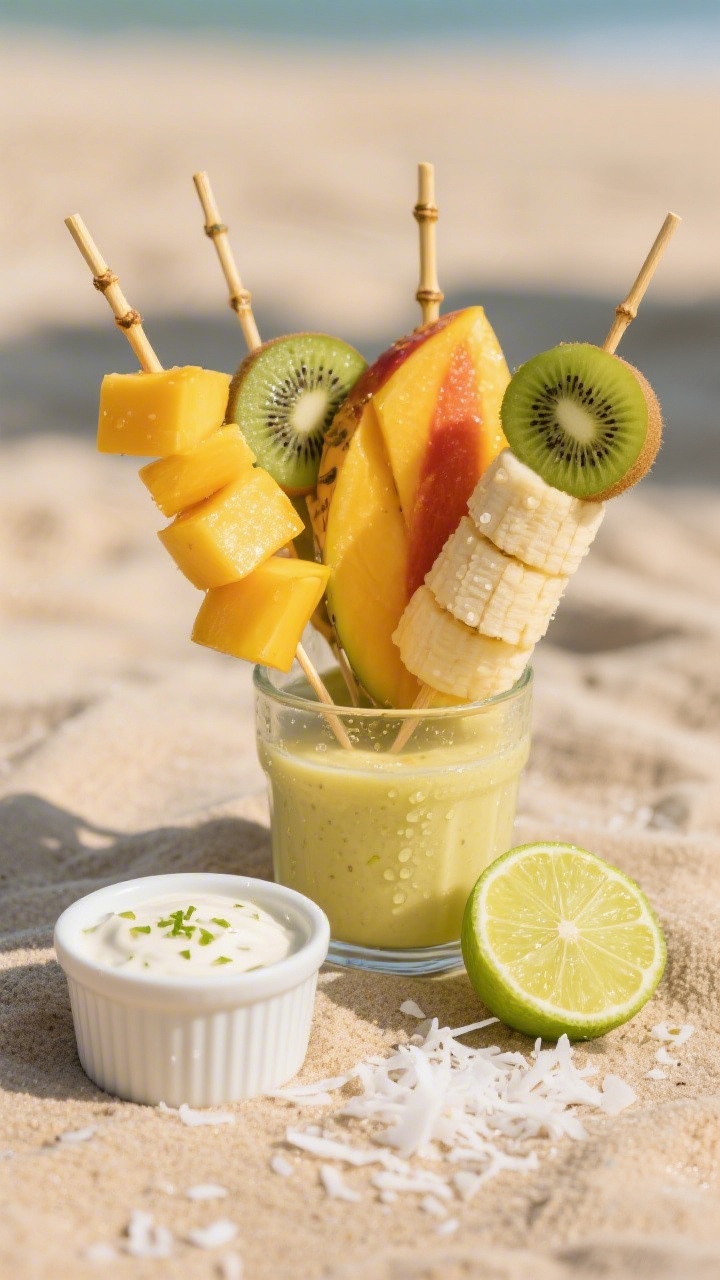 Straight-on hero shot of Tropical Smoothie Sticks presented in a low tumbler like a bouquet: chunky mango, bright pineapple, thick banana coins, and optional kiwi pieces threaded onto bamboo skewers, colors alternating for a sunny tropical vibe. A small ramekin of coconut-lime dip beside them (creamy white with lime zest flecks), a halved lime and a sprinkle of shredded coconut scattered on a sand-colored linen. Bright, beachy lighting with soft shadows; condensation on fruit for a freshly chilled look, emphasizing lush, juicy textures.
