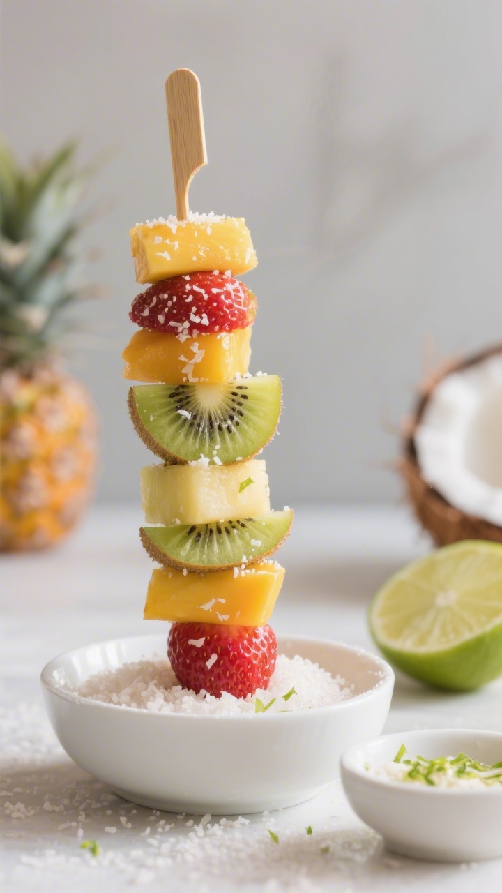 Straight-on hero shot of “Tropical Sunset Skewers With Coconut Lime Sprinkle”: tall wooden skewers standing upright in a low white bowl of coarse sugar or rice for stability, layered with pineapple chunks, 1-inch mango cubes, thick kiwi half-moons, and halved strawberries to evoke sunset colors. The fruit is dusted with a visible coconut-lime sprinkle (unsweetened shredded coconut with fine lime zest), with extra sprinkle in a pinch bowl. Vibrant tropical palette, glossy fruit surfaces, side light to emphasize texture, clean background with a hint of lime and coconut props, no people.