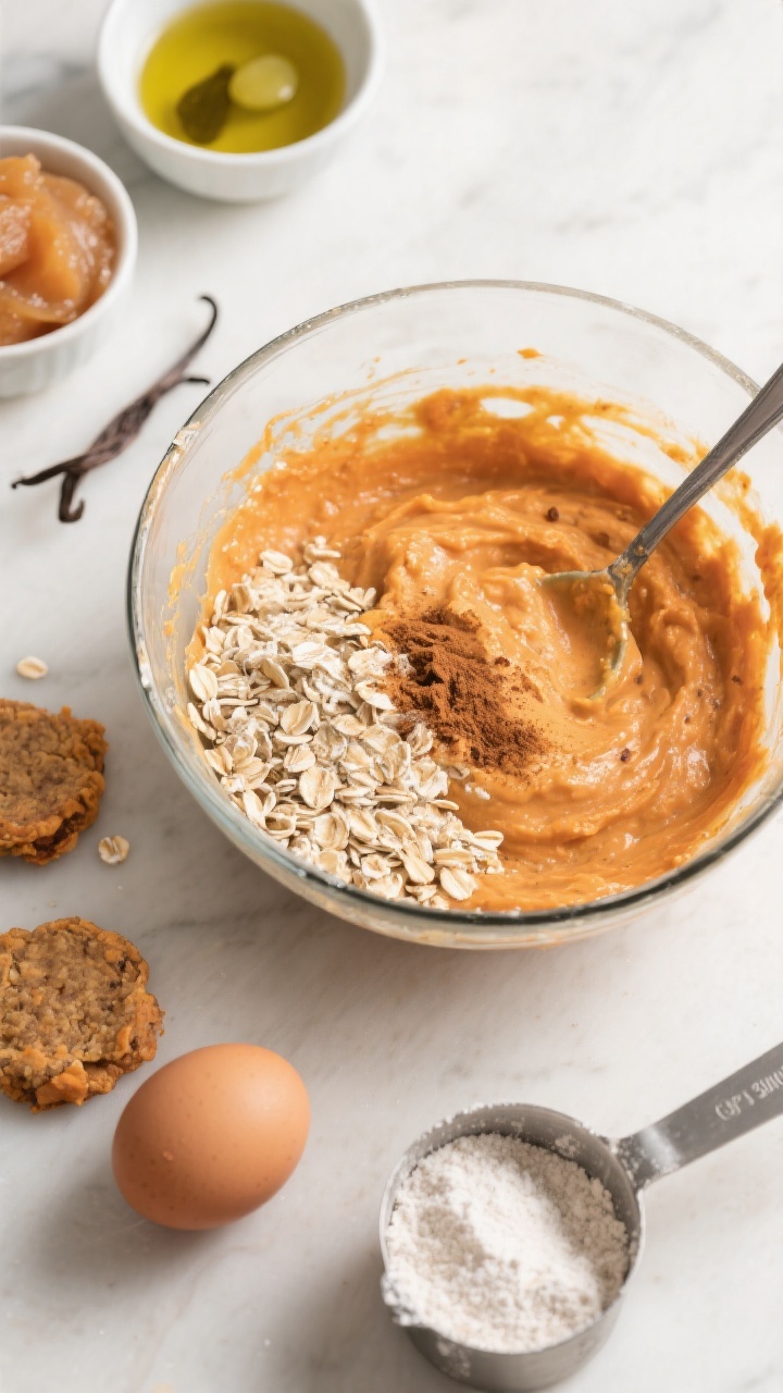 Straight-on ingredients-and-batter scene for cinnamon oat sweet potato snackers (no refined sugar): a clear mixing bowl with thick batter showing orange sweet potato, quick oats, oat flour, and cinnamon flecks; nearby small bowls of unsweetened applesauce, olive oil, vanilla extract, and a whole egg with an alternative flax egg slurry in a separate ramekin; measuring cups dusted with oat flour, a spoon trail in the batter for texture; clean natural light, wholesome rustic mood, no refined sugar cues.
