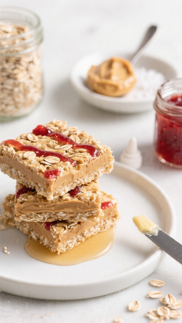 Straight-on macro of 10-Minute No-Bake PB&J Oat Squares stacked on a small white plate, clean edges showing distinct layers: creamy peanut butter-oat base bound with honey or maple syrup, thin strawberry jam ribbon marbled through; oats visible for texture, a drizzle of extra honey pooling on the plate; include ingredient vignette to the side: quick oats in a jar, spoonful of creamy peanut (or sunflower seed) butter, a small dish of salt, vanilla extract dropper, and a jar of strawberry jam with a butter knife; bright, natural light for a wholesome snack vibe.
