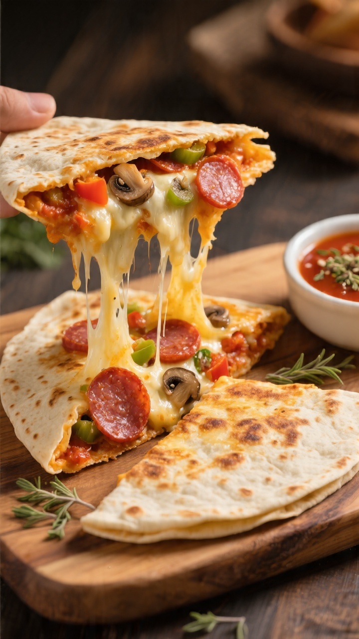Straight-on, melty cheese pull shot of cheesy pizza quesadillas: two folded 6-inch flour tortillas air-fried to speckled golden-brown, split to reveal gooey mozzarella stretch, vibrant pizza sauce, mini pepperoni slices, finely diced bell pepper and mushrooms; set on a wooden board with a small bowl of warm pizza sauce for dipping, a sprinkle of dried oregano on the board; warm, inviting lighting, shallow depth of field focused on the cheese pull.