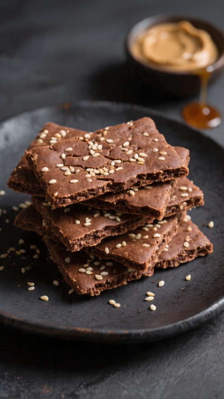 Straight-on moody shot of Gentle Cocoa Sesame Snaps arranged in a staggered stack on a dark ceramic plate: thin, crackly cookies made with tahini, pure maple syrup, egg (or flax egg), vanilla, whole wheat pastry flour, and cocoa, sprinkled with pale sesame seeds for contrast. Rich cocoa-brown color, matte backdrop, side lighting to emphasize edges and sesame texture, a small bowl of tahini and a drizzle of maple in the background for context.