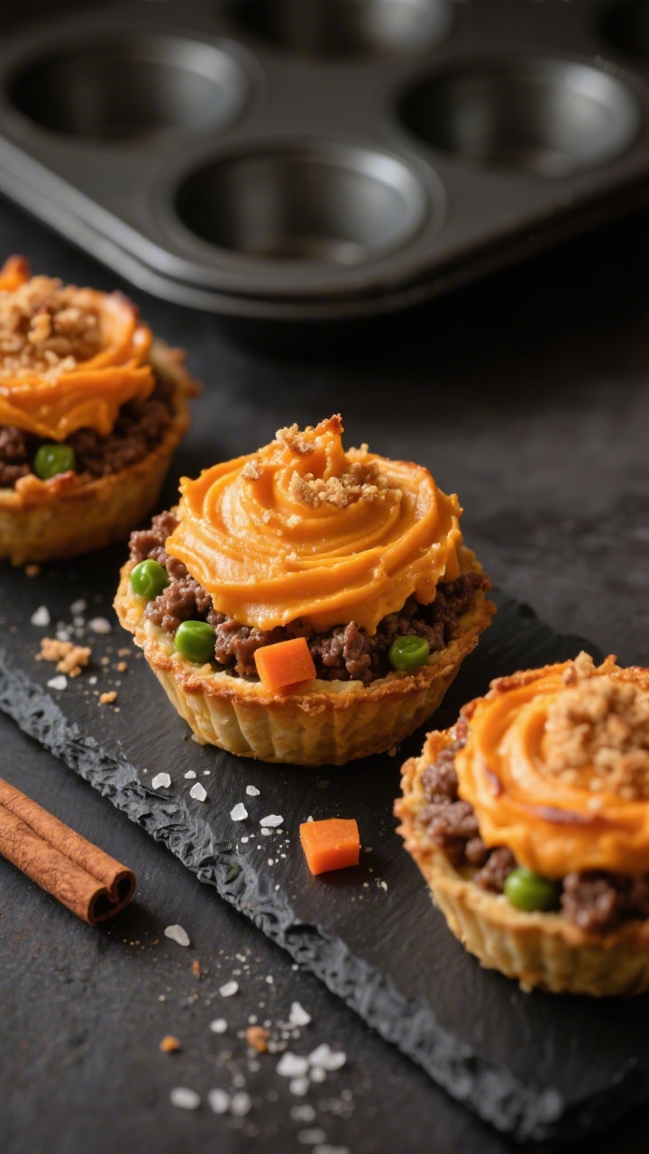 Straight-on plated minis: tiny beef and sweet potato shepherd’s pie cups baked in a muffin tin, then served on a slate board. Each cup shows a savory ground beef base (peas and carrots peeking through if used), topped with a smooth swirl of mashed sweet potato enriched with butter and milk, lightly ridged and just kissed with oven browning. A hint of cinnamon warmth implied by a small pinch of cinnamon nearby. Sprinkle of kosher salt flakes on top, tidy crumbs on the surface, moody side light to accent the orange mash and glossy beef layer.