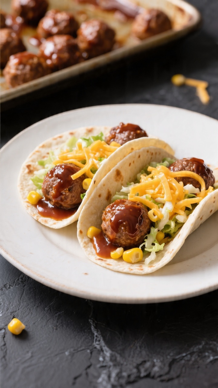 Straight-on plated presentation of 20-minute sheet pan BBQ meatball tacos: warmed small flour or corn tortillas folded around glossy BBQ-glazed beef or turkey meatballs, topped with crunchy corn slaw, a sprinkle of shredded cheddar, and a light drizzle of extra BBQ sauce; a sheet pan with remaining glazed meatballs in the background for context; vibrant, kid-friendly colors, tack-sharp focus on sticky-sauced meatballs and melty cheese strands, clean dark slate surface for contrast.