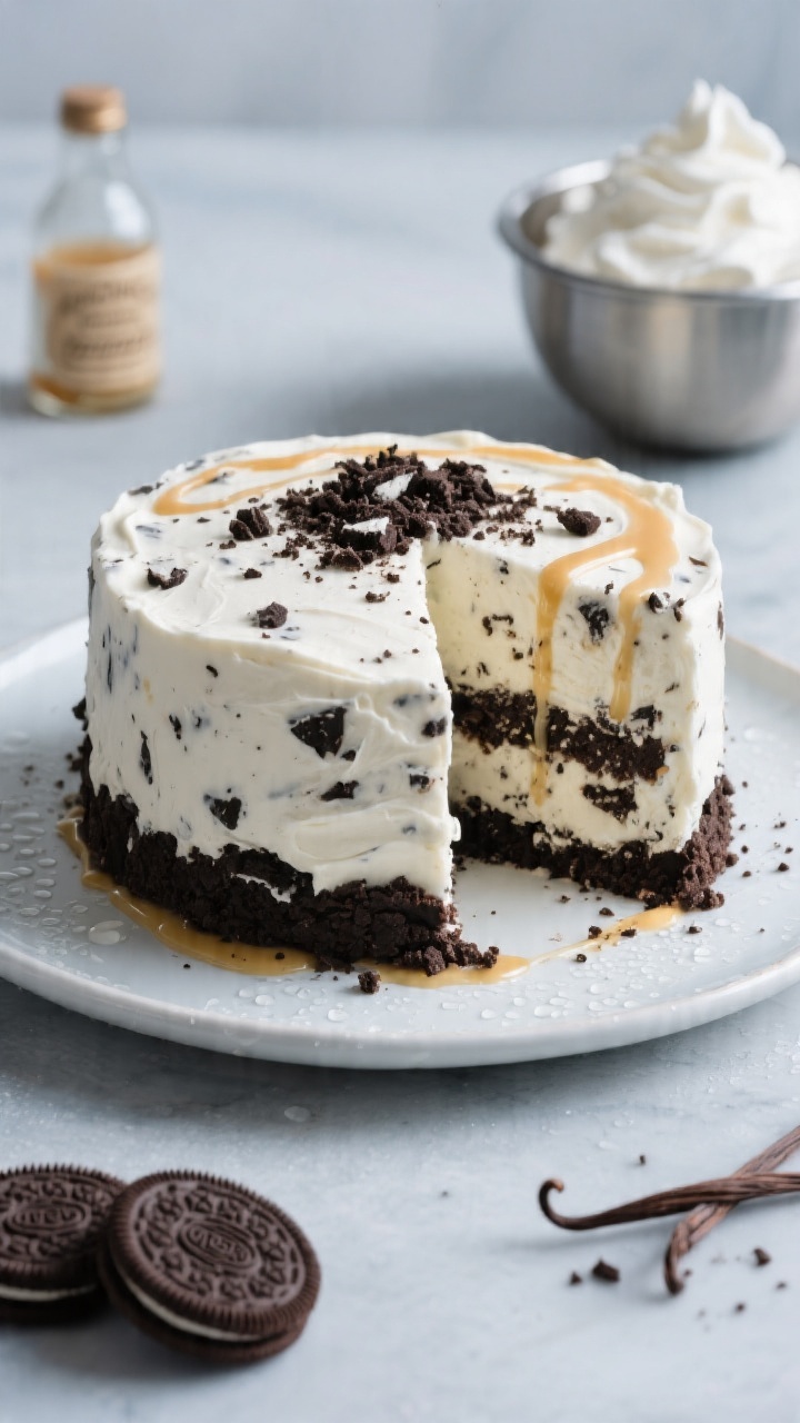 Straight-on plated presentation of a No-Churn Cookies & Cream ice cream cake: dark crushed chocolate sandwich cookie crust bound with melted butter, topped with a tall, ultra-creamy layer flecked with cookie chunks; neat slices revealing the layered contrast; garnished with extra cookie crumbles and a glossy drizzle of sweetened condensed milk; cold condensation on the plate hints at freezer-fresh; include props of vanilla extract bottle, a chilled metal bowl with softly peaked whipped cream, and a few whole Oreos; cool-toned backdrop, studio lighting for silky texture and shine.