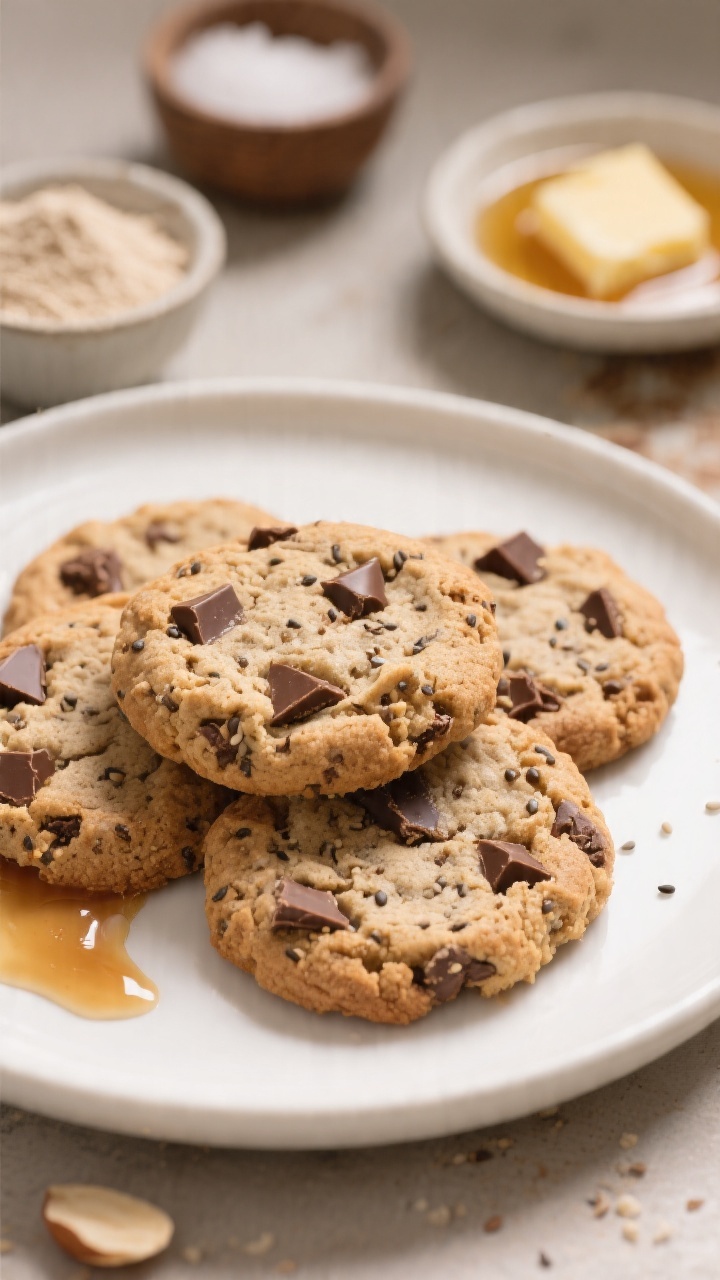 Straight-on plated presentation of Almond Flour Chocolate Chunk Cookies on a simple white plate, showcasing craggy tops with generous chocolate chunks and subtle chia crunch speckles; small bowls of fine almond flour, baking soda, sea salt; a drizzle mark of maple syrup and a dish of melted coconut oil/butter in the background; warm, inviting tones, shallow depth of field highlighting chewy interiors.