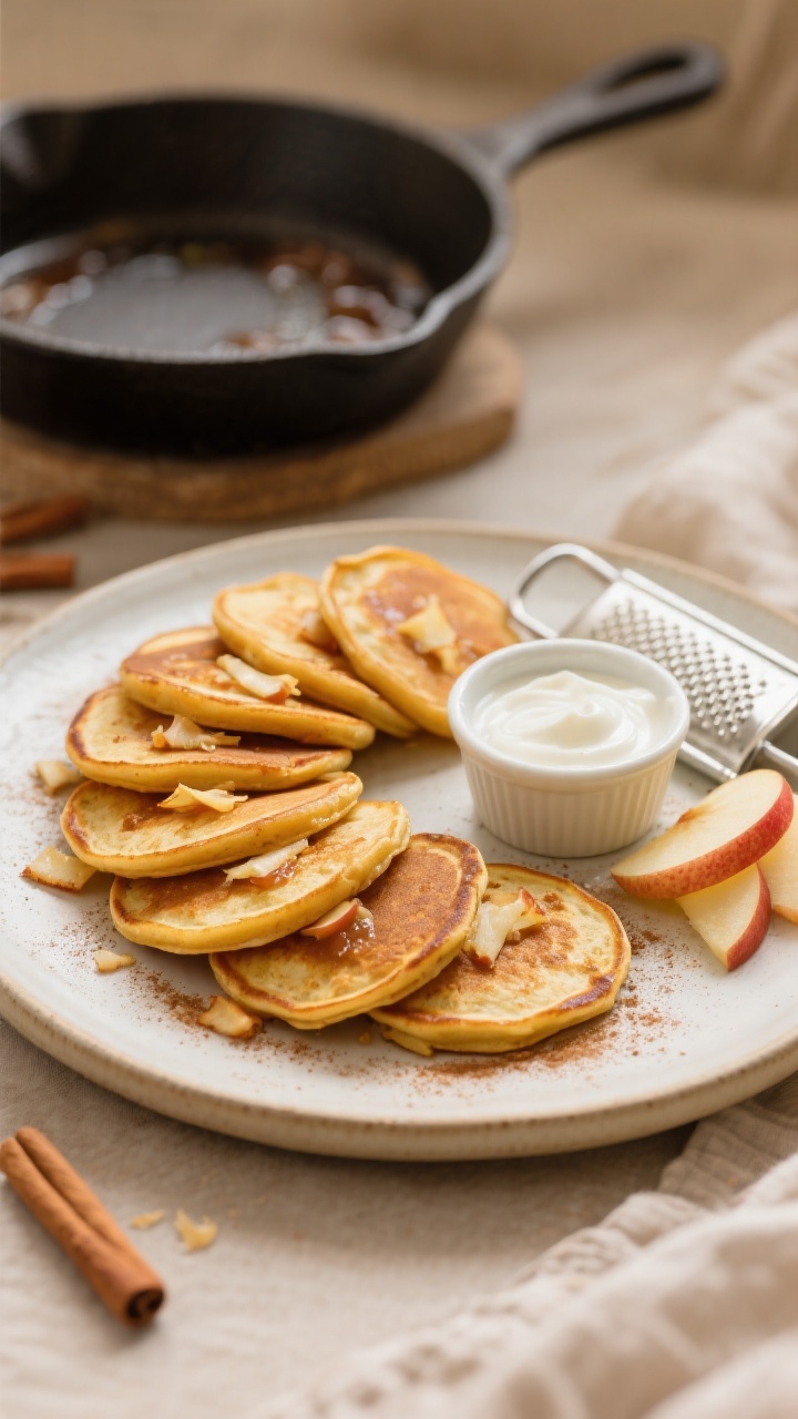Straight-on plated presentation of Apple Cinnamon Skillet Pancakes as toddler-friendly silver dollars, arranged in a fan on a light ceramic plate; golden surfaces with tiny shreds of apple visible, tender centers from sweet potato and applesauce; dusting of cinnamon, a small ramekin of plain whole-milk yogurt for dipping, and thin apple slices on the side; include a small grater with a bit of grated apple and squeezed-dry apple shreds in the background; warm, homey light with subtle skillet in the back to hint at stovetop cooking.