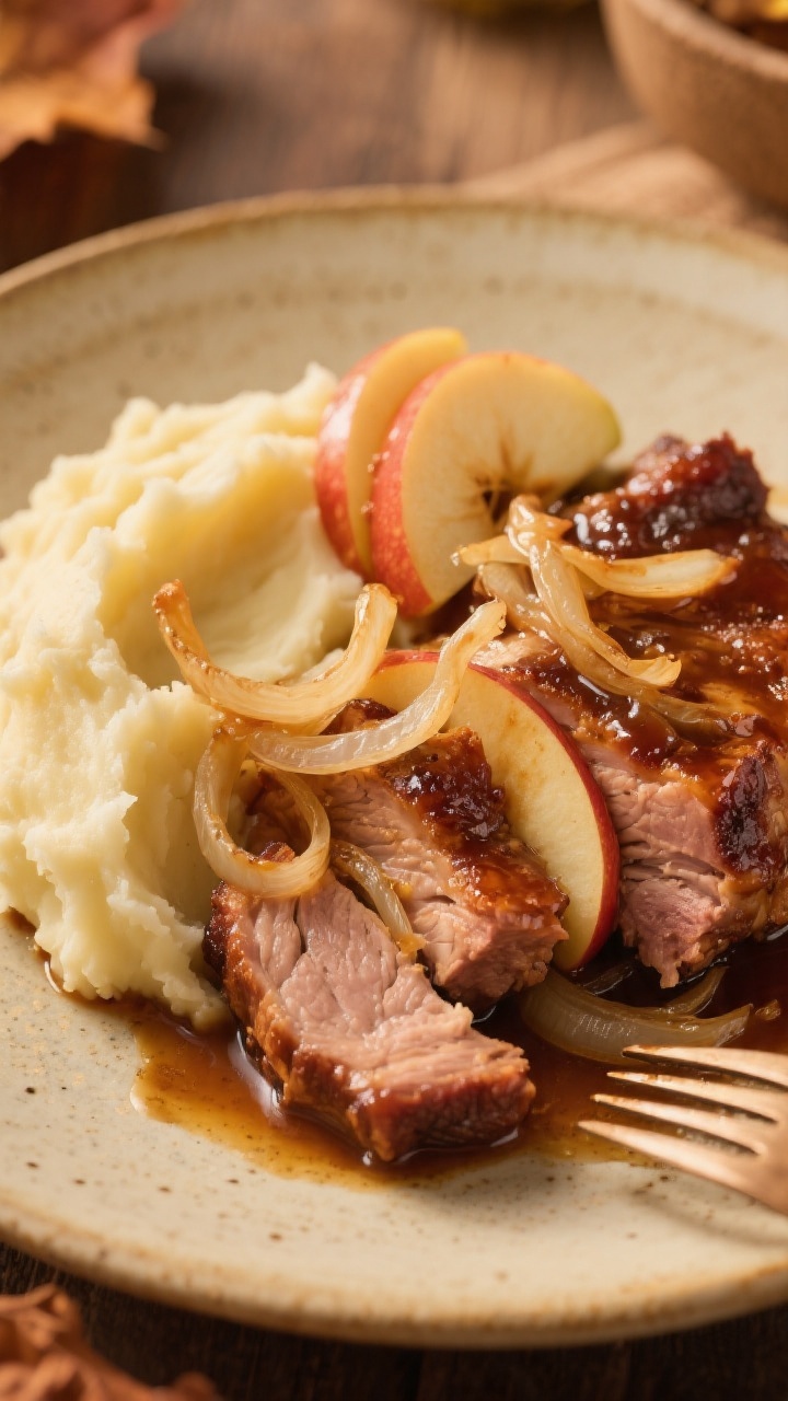 Straight-on plated presentation of apple-cinnamon pork with buttery mashed potatoes: fork-tender chunks of slow-cooked boneless pork shoulder glazed with apple-onion pan juices, thin slices of Honeycrisp/Gala apple and soft translucent onion strands tucked around the meat. A generous swoop of ultra-smooth mashed potatoes beside it, a light drizzle of cooking jus over the mash, warm golden lighting, rustic ceramic plate, autumnal comfort vibe.