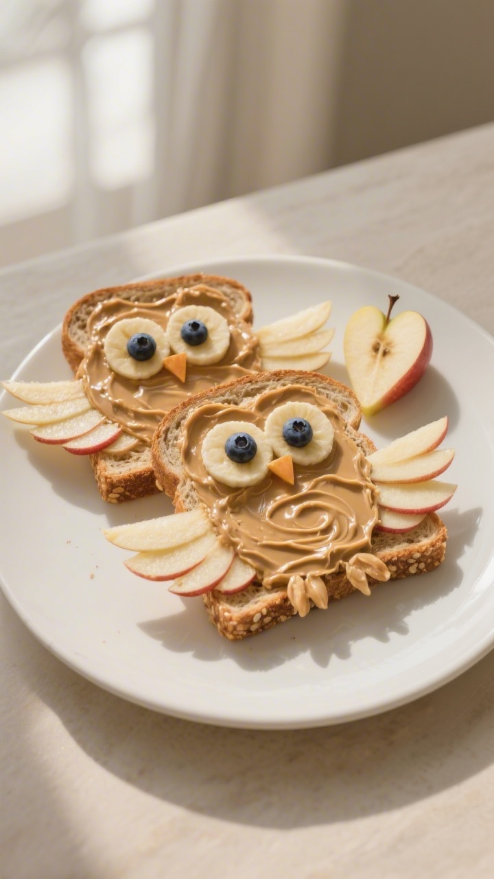 Straight-on plated presentation of “apple owl toast” on a matte white plate: two slices of whole-grain toast generously spread with peanut butter (or almond butter), fan of crisp apple slices forming wings and belly feathers, two banana rounds topped with blueberries for wide eyes, and a tiny triangle of apple for the beak; visible nut-butter swirls for texture, warm neutral backdrop, soft window light, crisp details on whole grains and apple sheen, wholesome and crunchy vibe, no people.