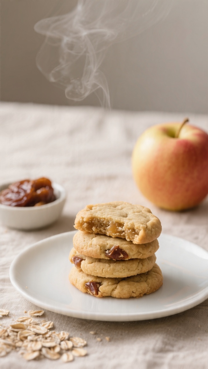 Straight-on plated presentation of Apple Pie Teething Cookies stacked neatly on a small white plate: tender, lightly golden cookies made from unsweetened applesauce, finely chopped Medjool dates, oat flour, and very fine almond flour. Cozy apple-pie vibe with a backdrop of a whole apple and a small bowl of date paste; neutral linen, soft diffused light, subtle steam hint for warmth, tight composition to emphasize moist, no-added-sugar crumb.