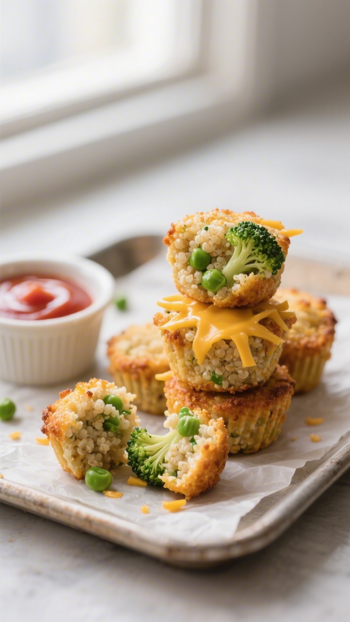 Straight-on plated presentation of Cheesy Broccoli Quinoa Bites with Hidden Peas: golden-brown, mini muffin–shaped bites stacked on a small parchment-lined tray, showing a crispy exterior with melty shredded mild cheddar peeking through; one bite broken open to reveal the fluffy cooked quinoa, finely chopped steamed broccoli, and lightly mashed peas inside; a tiny ramekin of ketchup or yogurt dip in the background, soft window light, shallow depth of field to highlight texture, warm and cozy mood, no people.