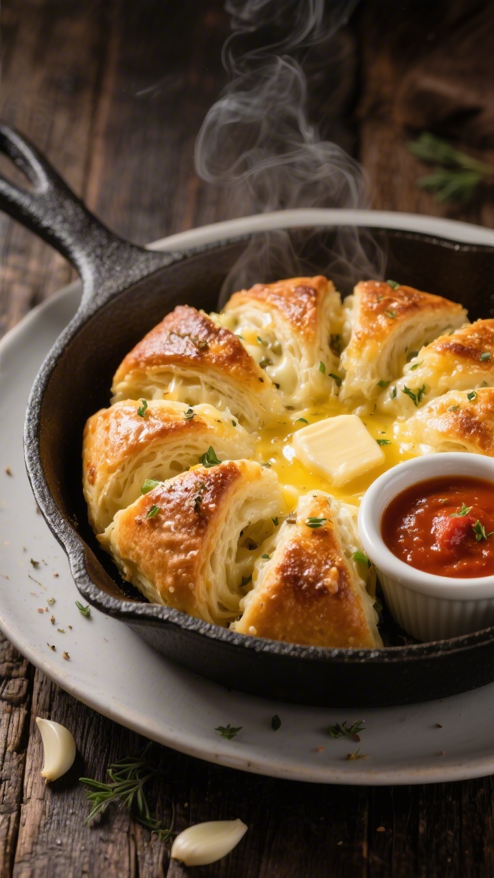 Straight-on plated presentation of cheesy garlic pull-apart bread blossoms: golden, biscuit-dough petals oozing melted cheese from the seams, brushed with melted butter infused with finely minced garlic and sprinkled with Italian seasoning; placed in a cast-iron skillet with a small ramekin of warm marinara on the side; capture glistening butter, toasted edges, aromatic herbs; moody rustic wood backdrop with a faint wisp of steam.
