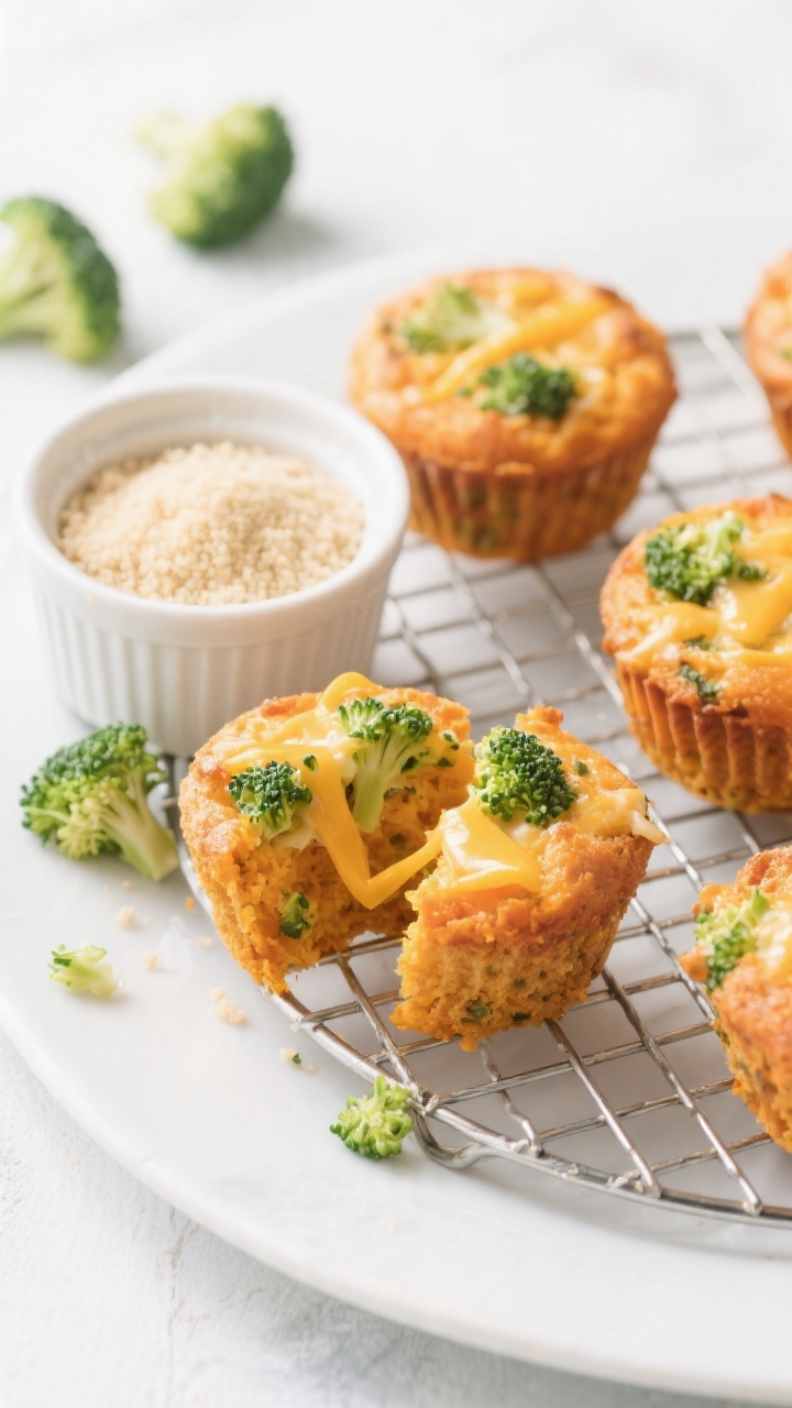 Straight-on plated presentation of cheesy sweet potato and broccoli mini muffins on a small cooling rack, cut one muffin open to show vibrant green broccoli flecks and melted mild cheddar threads within the orange sweet potato crumb; a ramekin of plain breadcrumbs nearby, a few very finely chopped steamed broccoli florets scattered for styling; clean background, bright family-friendly mood, high clarity on cheesy, tender texture.