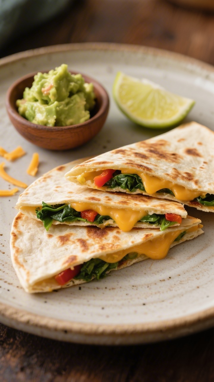 Straight-on plated presentation of cheesy veggie quesadilla triangles with avocado smash: two flour tortillas crisped and cut into neat wedges, gooey melt of mild cheddar/Monterey Jack visible at the cut edges, with very finely chopped spinach and bell pepper tucked inside. A rustic plate with a small bowl of chunky avocado smash, lime wedge for color pop, and a few stray shreds of cheese. Warm, inviting tones, shallow depth of field focusing on the melty center; background softly blurred.