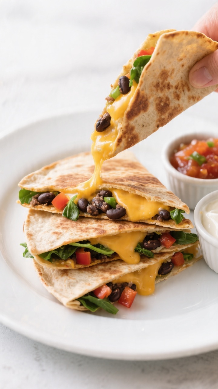 Straight-on plated presentation of cheesy veggie quesadillas: golden-brown whole-wheat tortillas cut into triangles, cheese pull revealing melted mild cheddar/Monterey Jack, black beans lightly mashed speckled through, finely chopped baby spinach and tiny bell pepper dice peeking at the edges; stacked on a white plate with a tidy wedge slightly lifted to show gooey interior; on the side, small ramekins of mild salsa and plain yogurt; clean background, vibrant yet soft kid-friendly palette.