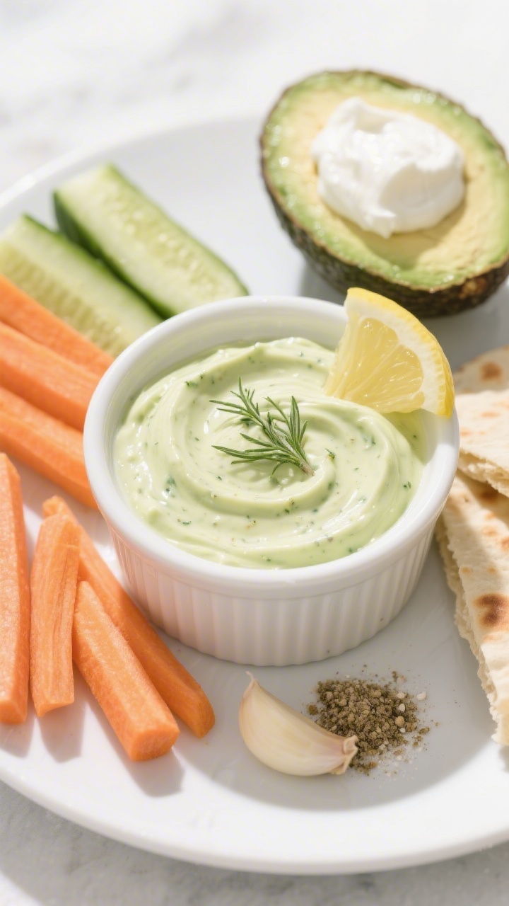 Straight-on plated presentation of creamy avocado ranch dip in a small white ramekin, ultra-smooth pale green swirl with specks of dried dill; ingredients styled nearby: halved ripe avocado, a dollop of Greek yogurt, lemon wedge, tiny piles of garlic powder and onion powder; soft dippers arranged around—steamed carrot sticks, cucumber spears, and soft pita strips; clean, bright scene with soft shadows, modern kid-friendly vibe.