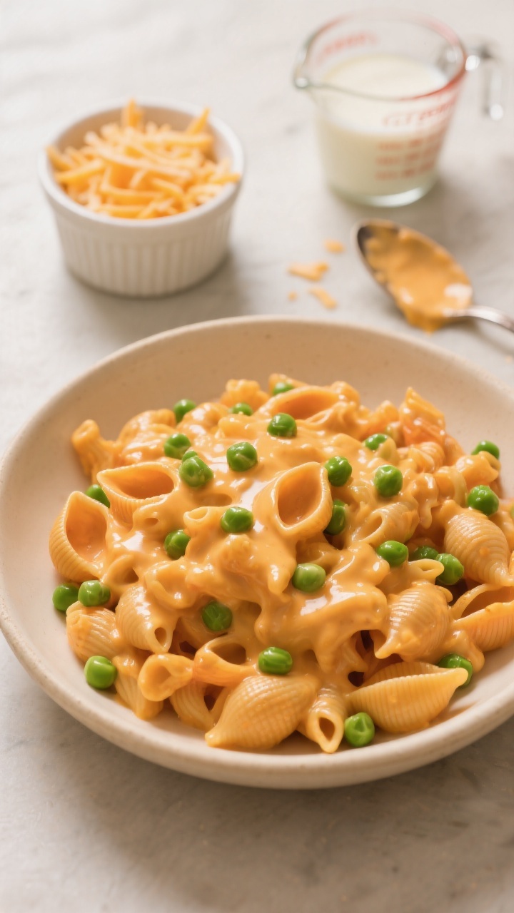 Straight-on plated presentation of creamy sweet potato mac and cheese with peas in a shallow cream-colored bowl, glossy cheese sauce clinging to small pasta shells, bright green peas dotting the dish; a small ramekin with shredded mild cheese and a glass measuring cup of whole milk nearby, a spoon trail showing velvety consistency; warm, inviting light, family-friendly comfort aesthetic.