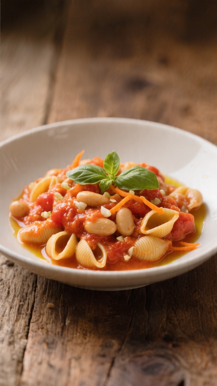 Straight-on plated presentation of creamy tomato butter bean pasta bowls: a shallow bowl of mini shells tossed in a silky tomato passata sauce with butter beans folded in, glistening with a touch of olive oil. Fine orange specks from grated carrot and a hint of minced garlic visible. Garnish with a light drizzle of olive oil and a few torn basil leaves for color contrast. Warm, inviting tones on a rustic wooden table, minimal props to keep focus on the creamy, kid-friendly pasta.