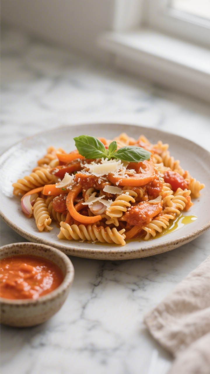Straight-on plated presentation of Creamy Tomato Pasta With Hidden Carrot Sauce: whole-wheat rotini coated in a velvety carrot-tomato sauce made from sautéed onion, sliced carrots, olive oil, and garlic blended with canned tomatoes until silky. The sauce clings to the grooves of the pasta, topped with a light dusting of grated Parmesan and a drizzle of olive oil; a small side dish holds extra carrot-tomato sauce showing its smooth, orange-red hue; rustic ceramic bowl on a marble surface, fresh basil leaf optional for color pop; soft window light emphasizing the creamy texture.