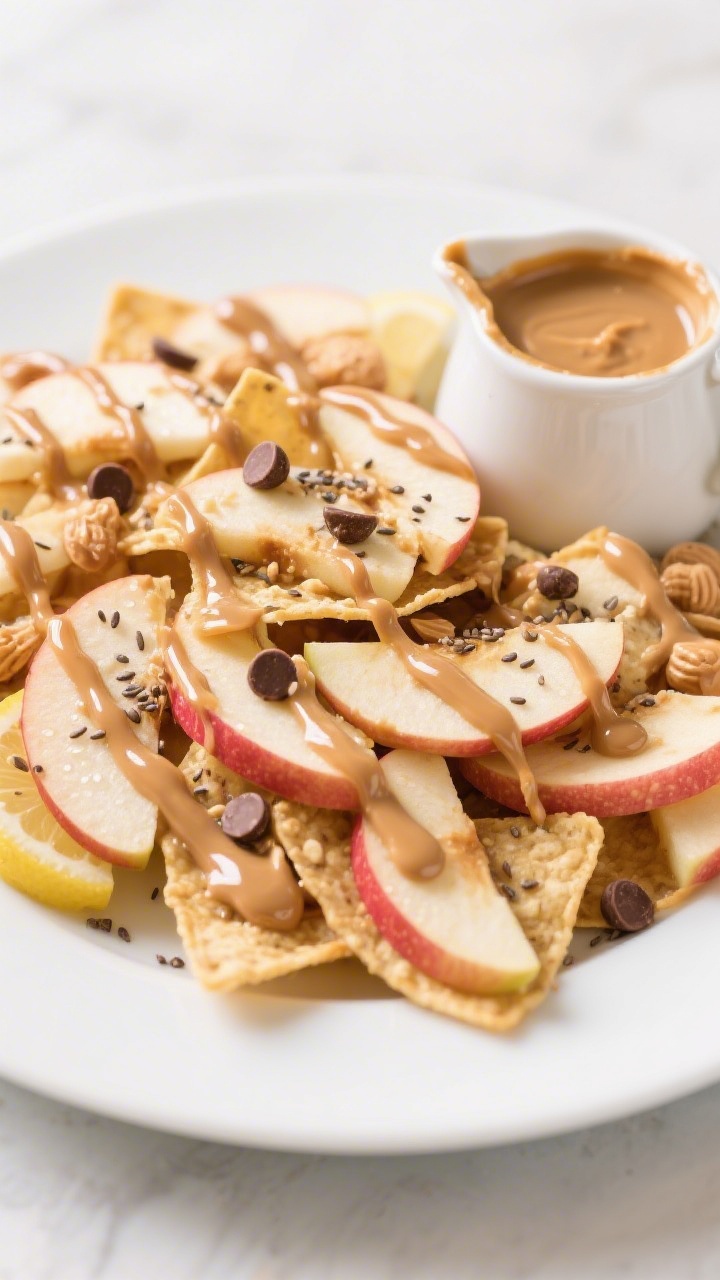 Straight-on plated presentation of Crunchy Apple Nachos with warm peanut butter drizzle: a large matte white platter layered with thinly sliced crisp apples (Honeycrisp, Pink Lady, Gala mix) lightly tossed in lemon juice; warm peanut butter thinned with a touch of water artistically drizzled in ribbons over the apples; optional toppings sprinkled for crunch—mini chocolate chips and chia seeds; condensation beading on a small sauce pitcher with extra warm PB; bright, fresh look with high contrast to emphasize glossy drizzle and crisp apple edges.