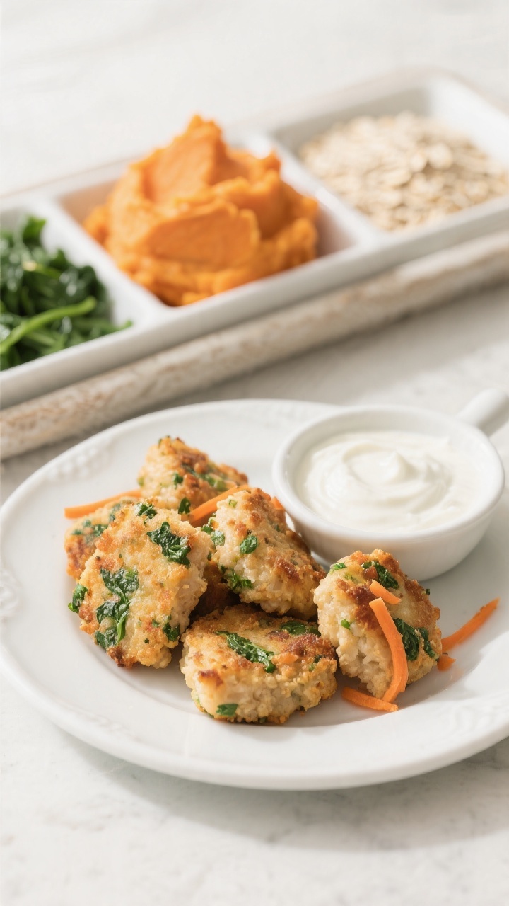 Straight-on plated presentation of Hidden-Veggie Sweet Potato Chicken Nuggets (Spinach & Carrot Edition) on a small white toddler-friendly plate: nuggets revealing tiny green spinach flecks and fine orange carrot threads inside a tender, lightly browned exterior, set with a side of yogurt dip. Include a small mise-en-place tray behind the plate with mashed sweet potato, very finely chopped spinach, finely grated carrot, and a dusting of oat flour. Soft daylight, bright and wholesome vibe, shallow depth of field to spotlight the veggie speckles.