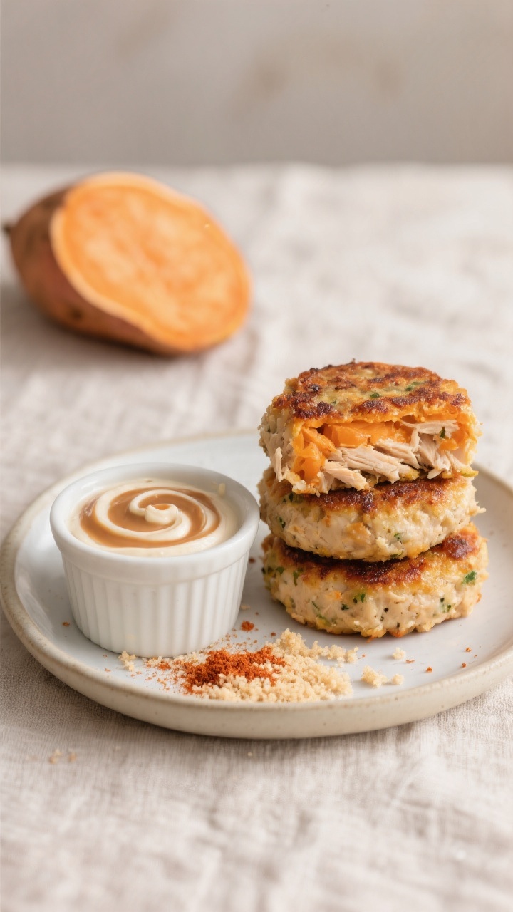 Straight-on plated presentation of mini chicken and sweet potato patties, seared to a light golden-brown crust, stacked on a small toddler-friendly plate; cross-section of one patty showing moist orange sweet potato and fine chicken shreds; a ramekin of maple-yogurt dip swirled and garnished with a dusting of paprika; scattered fine breadcrumbs and a halved cooked sweet potato in the background; soft, cozy afternoon light on a neutral linen.