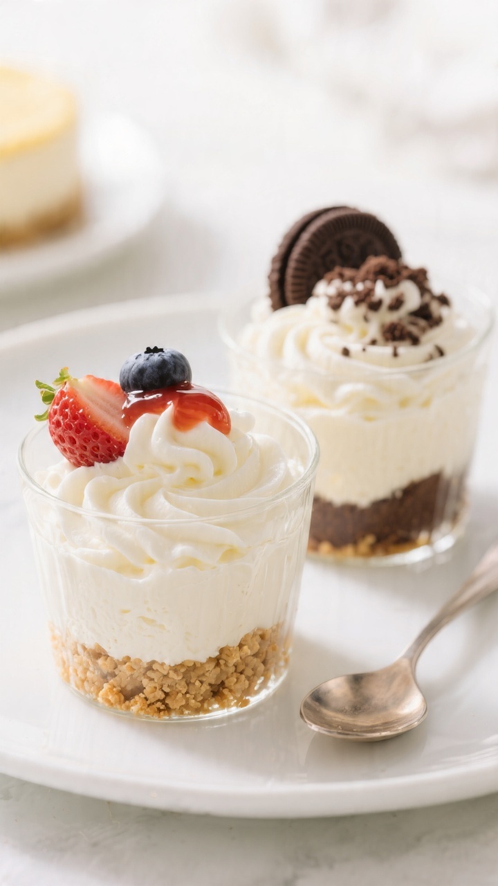 Straight-on plated presentation of mini no-bake cheesecake cups in clear glass tumblers: visible graham cracker crust (crumbs mixed with melted butter and a hint of sugar) topped with fluffy cream cheese filling (cream cheese, powdered sugar, vanilla, and softly whipped heavy cream) piped in swirls; garnished with a spooned strawberry jam ripple and fresh berries; one cup with a chocolate cookie crumb variation in the background; bright, clean styling, creamy texture emphasized with soft natural light.