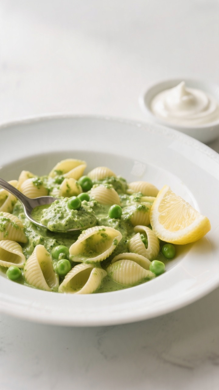 Straight-on plated presentation of mini pasta shapes with creamy pea pesto: a shallow white bowl filled with small shells coated in a vibrant green pea-yogurt pesto, glossy and silky; peas visible in the sauce, garnished with a spoonful of extra pea pesto and a few whole peas; a small dish of plain Greek yogurt and a lemon wedge off to the side to hint at brightness; soft family-lunch vibe, clean backdrop, professional studio lighting accentuating the creamy texture.
