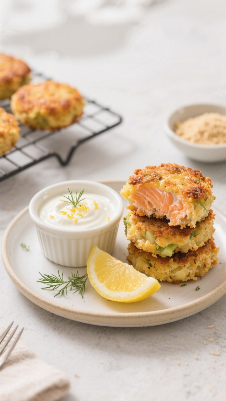 Straight-on plated presentation of mini salmon cakes with lemon yogurt dip: golden, crisp-edged cakes made from canned salmon, mashed potato or sweet potato, fine breadcrumbs, egg, and finely minced onion or celery, stacked on a small toddler-friendly plate. Side ramekin of creamy lemon yogurt dip with a twist of lemon zest on top. Garnish with tiny dill sprigs and a wedge of lemon. Background includes a cooling rack with a few cakes and a small bowl of breadcrumbs. Soft, diffused light highlighting flaky salmon interior and crunchy exterior.