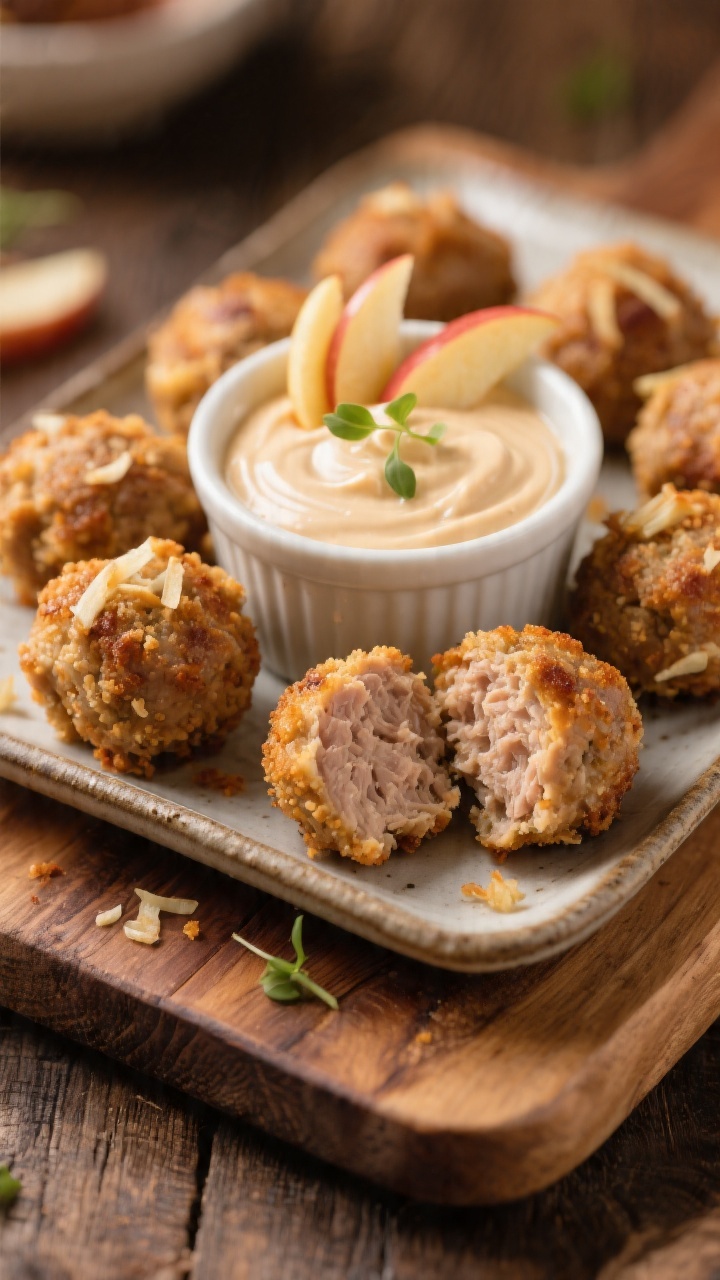 Straight-on plated presentation of mini turkey-apple meatballs with maple yogurt dip: golden-brown bite-size meatballs (ground turkey studded with fine apple shreds and breadcrumbs) arranged on a small tray, a central ramekin of pale maple-sweetened yogurt dip with a delicate swirl, a few micro apple matchstick garnishes; moist interior visible in one sliced meatball; warm, cozy tones on a rustic wood board; shallow depth of field to emphasize juicy texture.