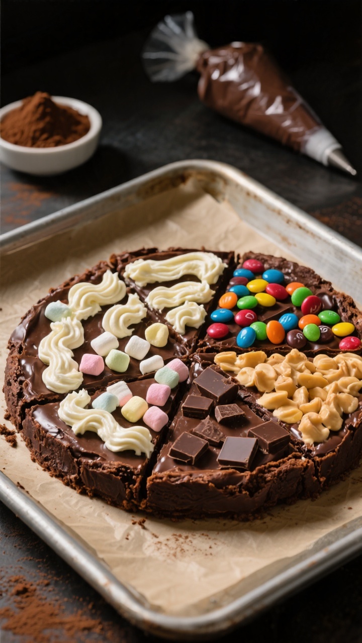 Straight-on, plated presentation of Mix-and-Match Sheet Pan Brownie Pizza: a large, round brownie base sliced into wedges like pizza, deep cocoa color intensified by a hint of espresso powder; topped with swirls of tangy cream cheese frosting and assorted candy toppings arranged in sections—mini marshmallows, rainbow candies, chocolate pieces—creating a playful mosaic; glossy brownie edge crackle visible; set on a parchment-lined sheet pan with a small dish of espresso powder and a piping bag in the background, dramatic side light to accent fudge texture.