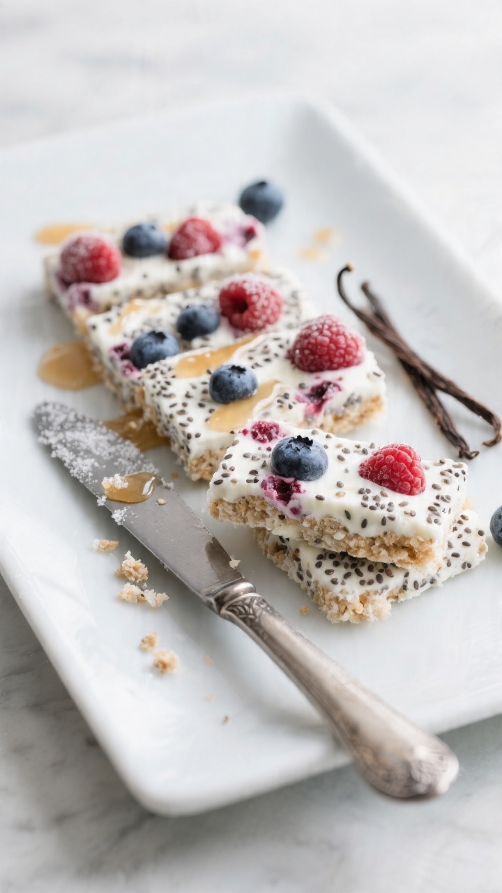 Straight-on plated presentation of no-bake yogurt berry chia bars on a chilled white rectangle plate: creamy whole-milk Greek yogurt bars set with chia seeds, marbled with mixed berries (blueberries, raspberries) and a light drizzle of maple syrup; visible vanilla bean specks, frosty edges suggesting freezer-friendly texture; a knife with a clean slice, neat crumbs, cool-toned backdrop, soft diffused light for a luscious, refreshing look.