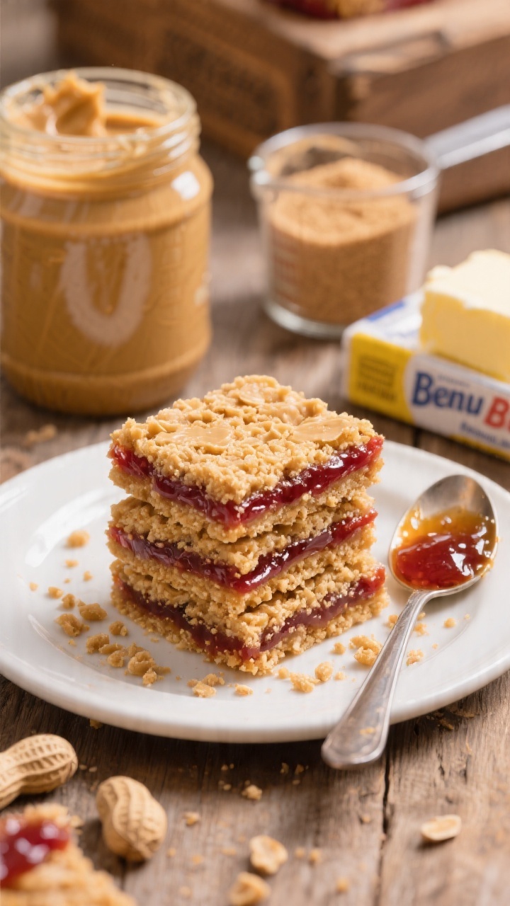 Straight-on plated presentation of peanut butter jam bars, thick squares with a golden peanut butter crumb and a glossy ruby jam layer peeking through; stacked on a simple white plate with crumbs scattered, a spoon streaked with jam nearby; background elements include a jar of creamy peanut butter, packed light brown sugar in a measuring cup, and a softened butter wrapper; warm, nostalgic lunchbox mood, soft ambient light on a rustic table.