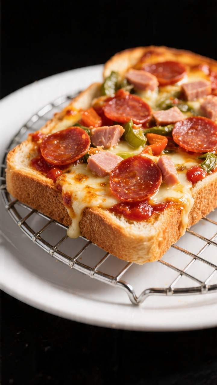 Straight-on plated presentation of pizza toast with sneaky veg marinara: thick slices of sturdy sandwich bread brushed with olive oil, topped with a vibrant jarred marinara blended with hidden vegetables, melted mozzarella with light browning, and neatly arranged mini turkey pepperoni; shown on a wire rack for air fryer/oven crispness, gooey cheese stretch at the edge, rustic red sauce sheen, warm directional light, black background to pop colors.