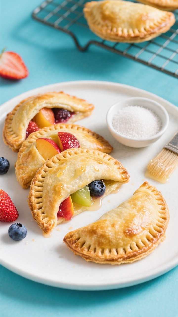 Straight-on plated presentation of Rainbow Fruit Hand Pies: half-moon hand pies with golden, flaky crusts and crimped edges, a few slit vents showing a peek of jewel-toned fillings—strawberries, blueberries, peaches, and apples—some juices bubbling at the seams; a small bowl of granulated sugar and a brush with a light egg wash glaze in the background, plus a cooling rack; bright, colorful mood, crisp highlights on the pastry layers.