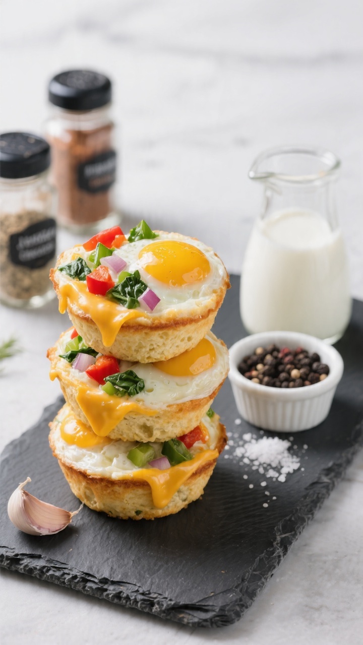 Straight-on plated presentation of Savory Cheddar, Veggie, and Egg Muffins, showing a fluffy, set egg texture with melted sharp cheddar pockets and finely chopped colorful veggies (red bell pepper, green spinach, and onion). Arrange 3 muffins stacked on a slate board with a side ramekin of black pepper, a sprinkle of sea salt, and a small carafe of milk to imply the custard base. Include subtle hints of garlic and onion powder in labeled spice jars in the background; clean, modern look with crisp edges.