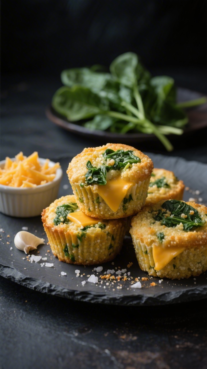 Straight-on plated presentation of Savory Cheddar Spinach Minis: golden cornmeal-kissed mini muffins with melty cheddar pockets and bright green spinach flecks, stacked on a matte slate plate; fine cornmeal and white whole wheat flour textures evident on the crumb; sprinkle of garlic powder and sea salt flakes around the plate; background includes a small ramekin of grated sharp cheddar and a bunch of fresh spinach; moody, directional light to emphasize savory depth, crisp focus with shallow depth of field.